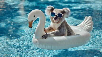 Trendy Koala Enjoying a Vibrant Pool Day on a Bright Swan Floatie with Stylish Sunglasses under Clear Skies