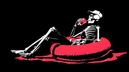 Dramatic and Striking Vector Illustration of a Casual Skeleton in a Cap Sipping a Cocktail on a Swimring with a Black Backdrop