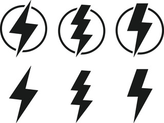 Lightning Bolt Icon Set. Power, Energy, and Speed Symbols. Fast Charge and Critical Alert sign. High Voltage and Danger Warning Icons collection
