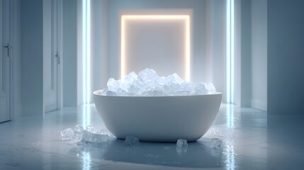 Surreal Minimalist White Bathtub Scene with Glowing Ice Cubes in an Ambient Bathroom