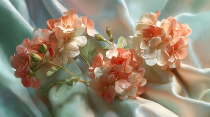 Enchanting Display of Tender Blooms on Draped Textile with a Transitioning Mint and Coral Color Palette