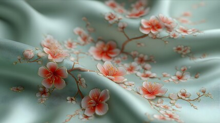 Peaceful Composition of Delicate Blossoms on Silky Cloth with Light Mint Green and Gentle Coral Gradients