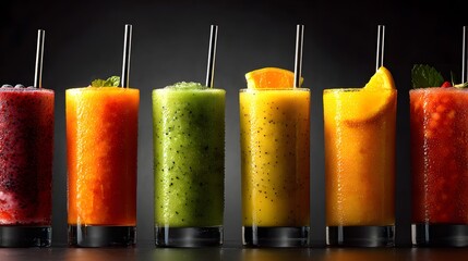Energetic Mixed Fruit Smoothies on a Modern Surface: Capturing a Burst of Summer Flavors in a Radiant and Detailed Composition