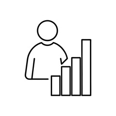 Person standing next to a rising bar graph outline on transparent background silhouette