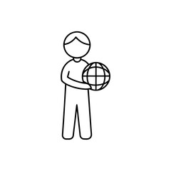 Stick figure holding a globe in a simple line art on transparent background silhouette