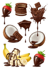 Assortment of chocolatecovered strawberries, cookies, bananas, and coconut pieces