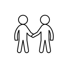 Two stick figures shaking hands in black outline on transparent background silhouette
