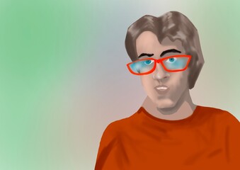  a young man with glasses and a red shirt