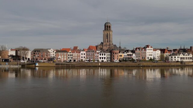 Panoramic Drone Shot Over Deventer City and IJssel River