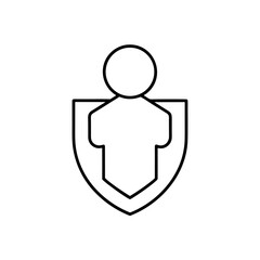 Person silhouette protected by a shield outline icon on transparent background