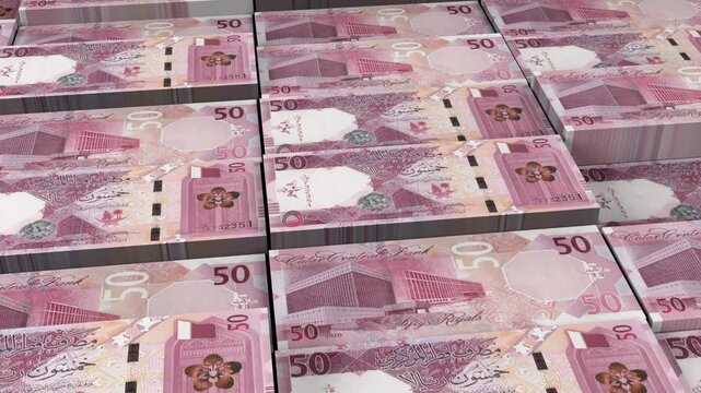 Qatar 50 Riyal Banknote Horizontal 3D Animation ? Alternate Realistic Style Depicting Currency Flow, Economy, Finance, Business, Banking, and Investment Concept Visualization