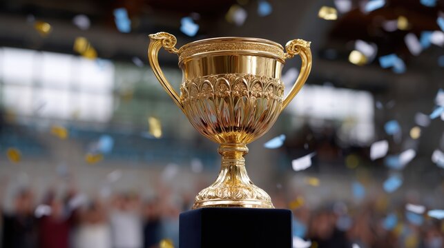 Celebrating victory with a golden trophy surrounded by confetti at a sports event. - Powered by Adobe