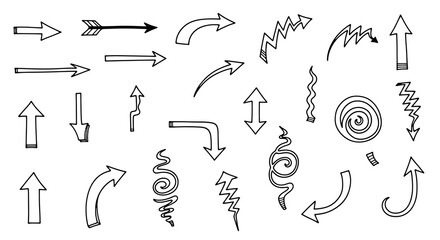 Hand drawn arrow set doodle style, various directions and shapes pointing, indicating, or flowing