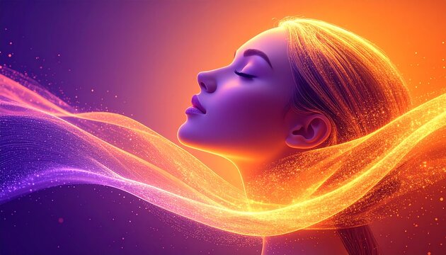 Abstract glowing orange-purple background with feminine shape and light particles. Symbol of unity, hope, and global solidarity for women’s empowerment - Powered by Adobe