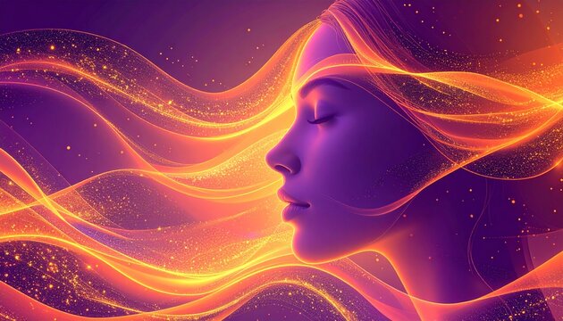 Abstract glowing orange-purple background with feminine shape and light particles. Symbol of unity, hope, and global solidarity for women’s empowerment - Powered by Adobe