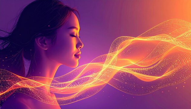 Abstract glowing orange-purple background with feminine shape and light particles. Symbol of unity, hope, and global solidarity for women’s empowerment - Powered by Adobe