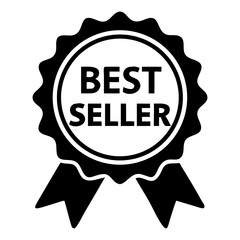 black best seller medal, selling award, prize label, icon, ribbon, isolated white background