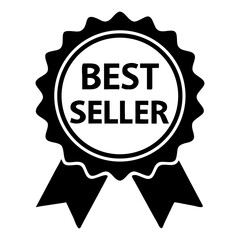 black best seller medal, selling award, prize label, icon, ribbon, isolated white background
