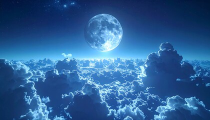 Dreamy blue landscape of a full moon shining above a vast sea of puffy clouds under a starry night sky