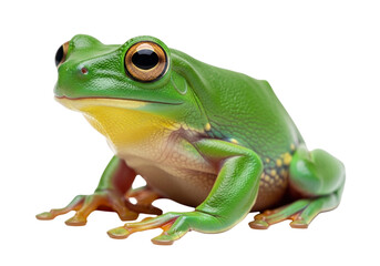 A bright green tree frog with large eyes sits on a transparent background