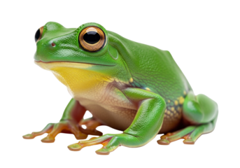 A bright green tree frog with large eyes sits on a transparent background