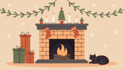 Christmas fireplace with stockings, presents, candles, christmas tree and a black cat lying nearby