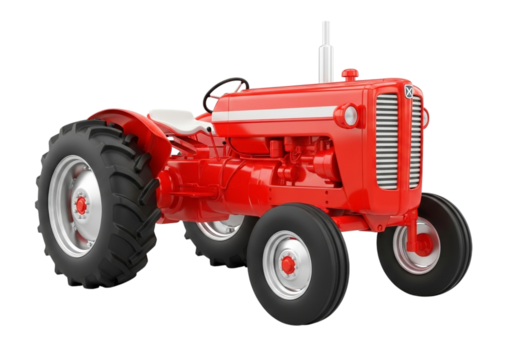 A vintage red tractor with large rear wheels and smaller front wheels