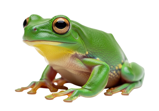A bright green tree frog with large eyes sits on a transparent background