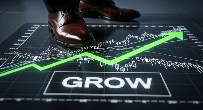 Businessman standing on financial chart with green arrow indicating growth, for business success, economic progress, investment strategy, for career advancement strategic planning in finance