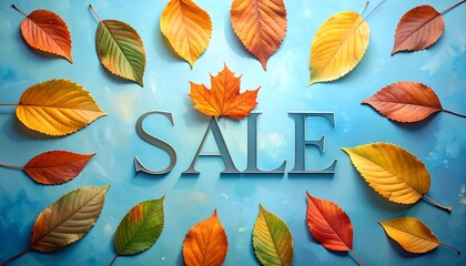 Autumn Sale Announcement with Colorful Leaves on Blue Background.
