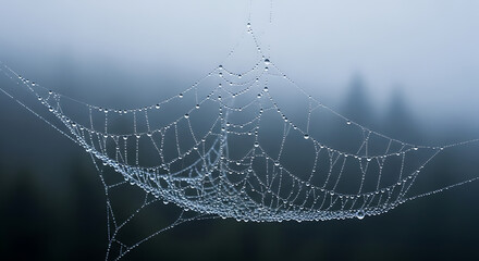 Delicate spiderweb with glistening dew drops in a misty morning