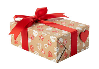 A gift box wrapped in brown paper with red ribbon and a heartshaped tag