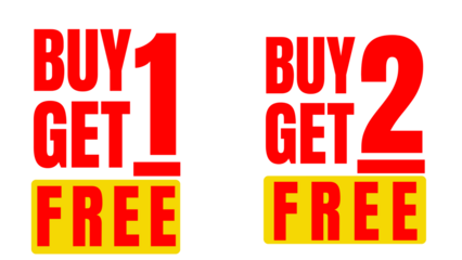Two marketing images against a white background showcase red text "BUY 1 GET 1 FREE" and "BUY 2 GET 2 FREE" with "FREE" displayed on a yellow rectangle. 