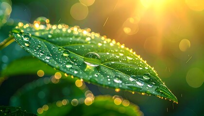 Dew-covered leaf glistens in warm sunlight, bokeh highlights, fresh, and vibrant scene