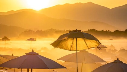 Dreamy beach scene with sunrise over misty mountains and white umbrellas, bathed in golden light