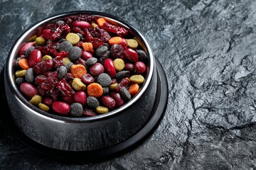 Minimalistic pet cuisine: a culinary view for dogs. Advertising photo. Colorful pet food display enhanced with whimsical doodles. Glamorous lifestyle. Fashion editorial.