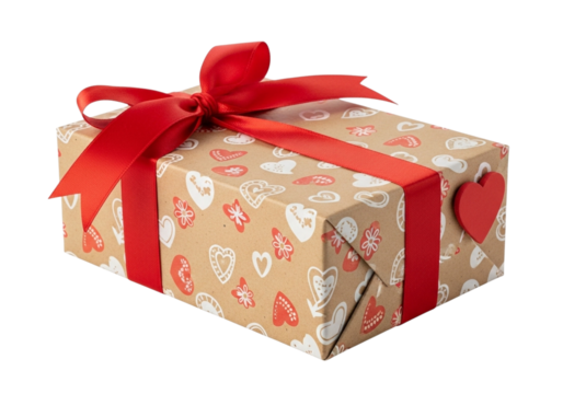 A gift box wrapped in brown paper with red ribbon and a heartshaped tag