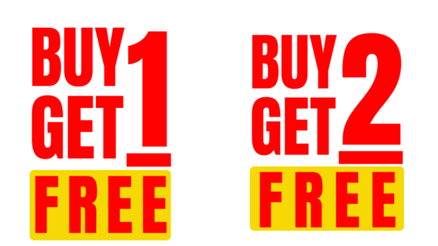 Two marketing images against a white background showcase red text "BUY 1 GET 1 FREE" and "BUY 2 GET 2 FREE" with "FREE" displayed on a yellow rectangle. 