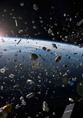 Space debris swirling around earth highlighting space exploration and satellite technology challenges