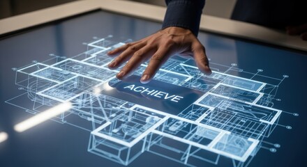 Businessman touching holographic blueprint interface with word "achieve" highlighted, for business strategy, project planning, innovation, goal completion, technological advancement in