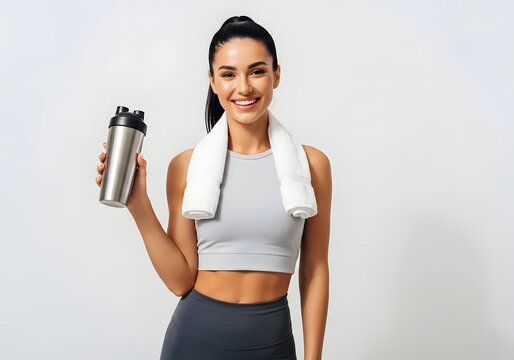Active lifestyle concept with smiling woman in sporty attire holding fitness bottle and towel for exercise motivation