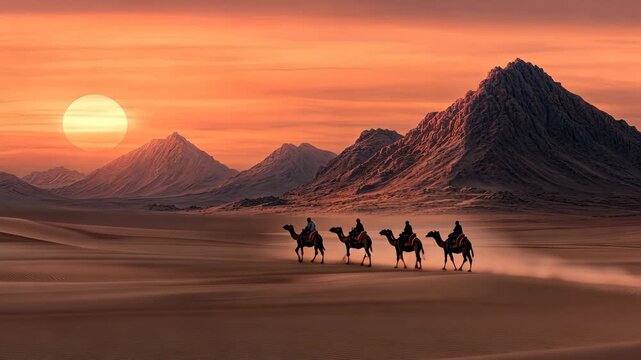 A group of camels journeys across vast sandy dunes as the sun sets behind magnificent mountains, creating a stunning landscape