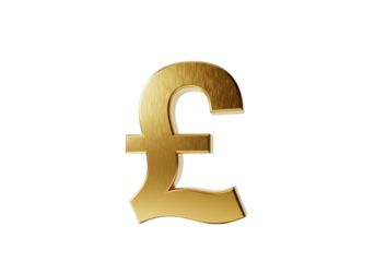 A shiny golden pound sterling symbol, representing currency and finance, isolated on a transparent background