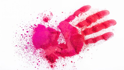 Vibrant pink holi handprint with color powder splash on white background celebrating festival of colors and indian culture