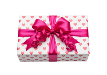 A festive gift box with a bright pink ribbon and bow, adorned with a pattern of small red hearts, isolated on a transparent background