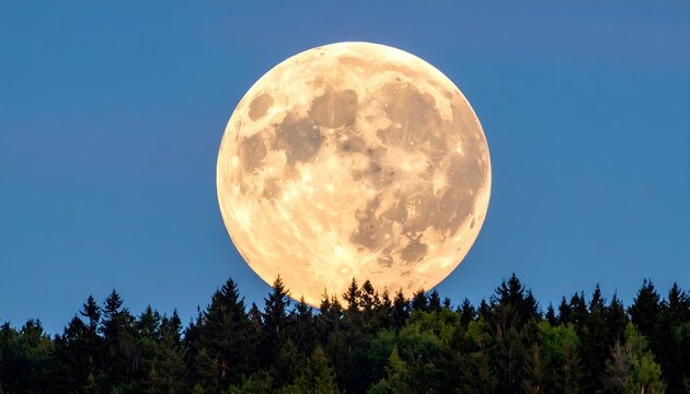 Gigantic full moon glowing brightly above a dark, dense forest, against a twilight sky - Powered by Adobe