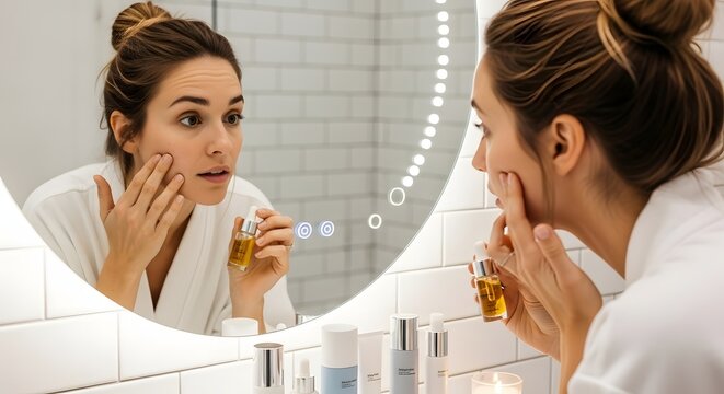 Skincare routine in modern bathroom setting with reflective mirror and natural cosmetics for evening self care rituals