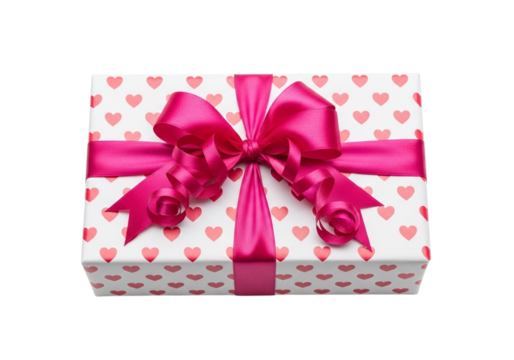 A festive gift box with a bright pink ribbon and bow, adorned with a pattern of small red hearts, isolated on a transparent background