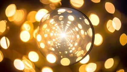 Spherical perspective, infinity tunnel with light patterns and bokeh effect in yellow glow