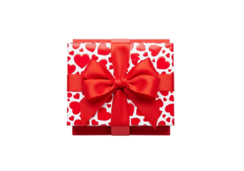 Red gift box with white hearts and a red ribbon bow